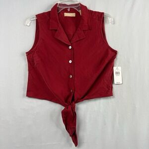 Kate Hill Top Womens Petite M Button Up Blouse Silk Tie Waist Red Casual  NEW